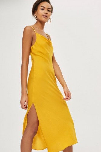 Topshop Cowl Satin Midi Slip Dress | slinky yellow cami dresses - flipped