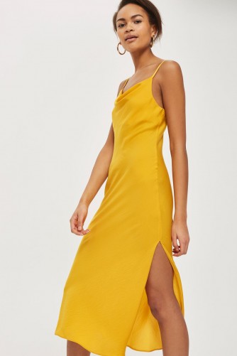 Topshop Cowl Satin Midi Slip Dress | slinky yellow cami dresses