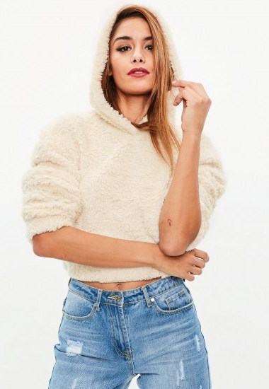 missguided cream teddy fur hooded crop jacket – snugly cropped hoodie - flipped