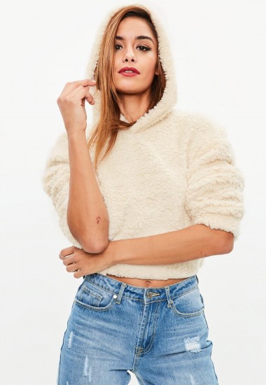 missguided cream teddy fur hooded crop jacket – snugly cropped hoodie