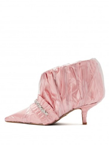 PACIOTTI BY MIDNIGHT Crystal-embellished ruched satin ankle boot ~ pink booties - flipped