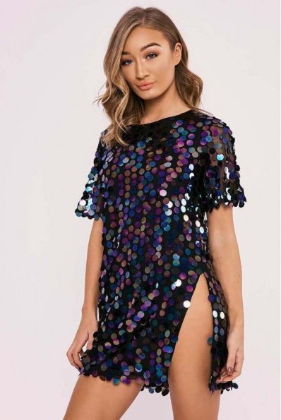 IN THE STYLE DAISI BLACK SEQUIN SPLIT LEG T SHIRT DRESS ~ party dresses ~ going out glamour - flipped
