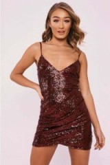 IN THE STYLE DELYLAH BURGUNDY SEQUIN PLUNGE RUCHED DRESS ~ sparkly draped dresses