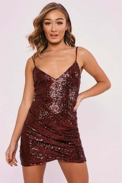 IN THE STYLE DELYLAH BURGUNDY SEQUIN PLUNGE RUCHED DRESS ~ sparkly draped dresses - flipped