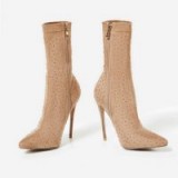 EGO Deta Rose Gold Diamante Sock Boot In Nude Faux Suede – stiletto heel ankle boots