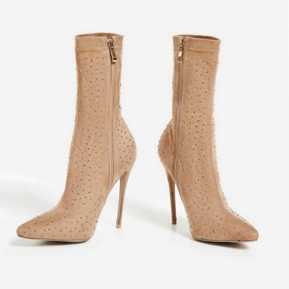 EGO Deta Rose Gold Diamante Sock Boot In Nude Faux Suede – stiletto heel ankle boots - flipped