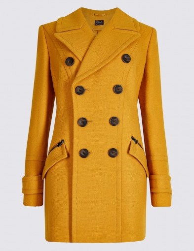 M&S COLLECTION Double Breasted Pea Coat / ochre-yellow coats / Marks and Spencer smart outerwear - flipped