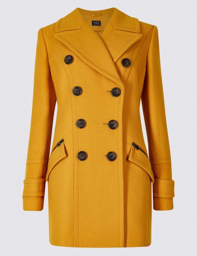 M&S COLLECTION Double Breasted Pea Coat / ochre-yellow coats / Marks and Spencer smart outerwear