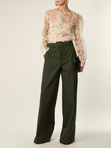 ROCHAS Dragonfly-print ruffle-trimmed silk-organza blouse ~ sheer cream printed blouses - flipped