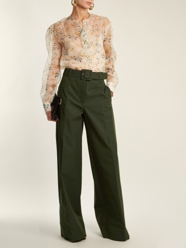 ROCHAS Dragonfly-print ruffle-trimmed silk-organza blouse ~ sheer cream printed blouses