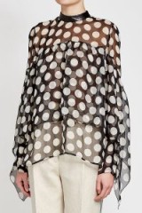 PETAR PETROV Elah Printed Silk Chiffon Blouse with Leather Collar / sheer spotty blouses