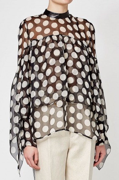 PETAR PETROV Elah Printed Silk Chiffon Blouse with Leather Collar / sheer spotty blouses - flipped