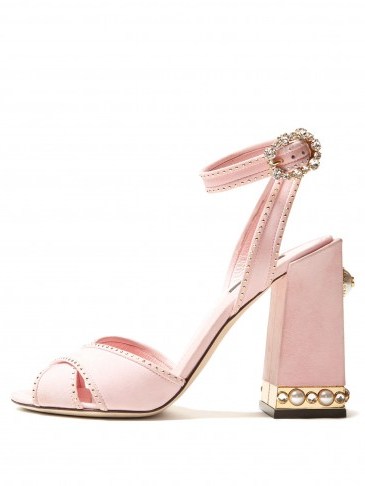 DOLCE & GABBANA Embellished suede sandals ~ pink block heel shoes ~ beautiful Italian footwear - flipped