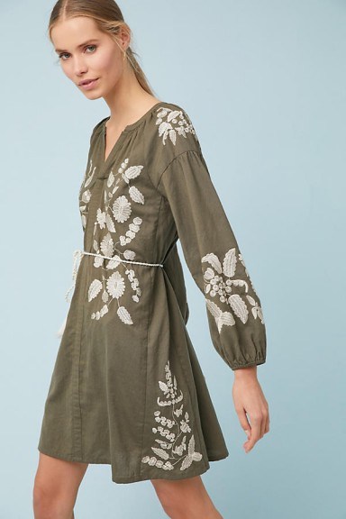 Anthropologie Embroidered Peasant Dress in moss / green dresses - flipped