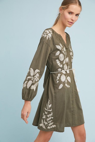Anthropologie Embroidered Peasant Dress in moss / green dresses