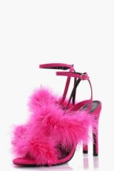 boohoo Emma Feather Cross Strap Heels ~ fluffy pink sandals