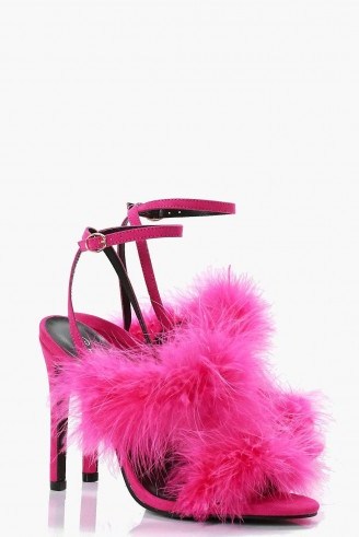 boohoo Emma Feather Cross Strap Heels ~ fluffy pink sandals - flipped
