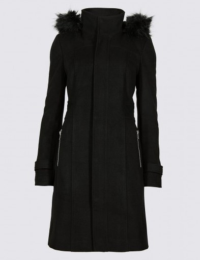 M&S COLLECTION Faux Fur Collar Longline Coat / Marks and Spencer hooded coats - flipped