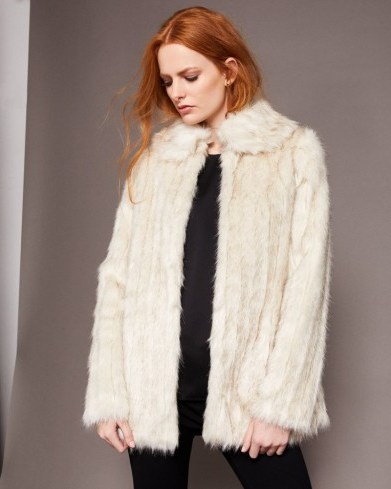 TED BAKER OLLEEN Faux fur collared coat in Ivory | luxe winter coats - flipped