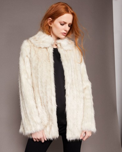TED BAKER OLLEEN Faux fur collared coat in Ivory | luxe winter coats