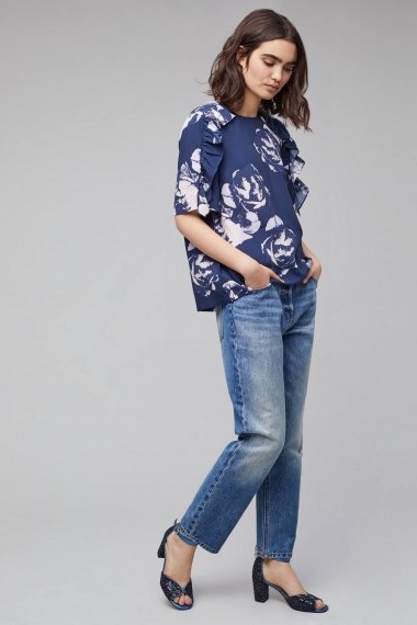 Selected Femme Finna Oversized Floral T-shirt / navy blue frill trimmed tops / ruffle t-shirts - flipped