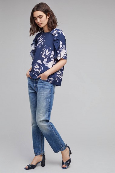 Selected Femme Finna Oversized Floral T-shirt / navy blue frill trimmed tops / ruffle t-shirts