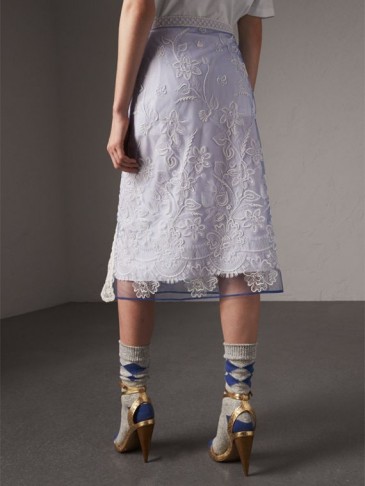 Burberry Floral-embroidered Tulle Skirt Hydrangea blue/white – feminine wrap style skirts – semi sheer overlay