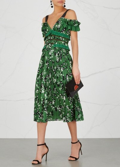 SELF-PORTRAIT Floral-print open-shoulder dress ~ green occasion dresses - flipped
