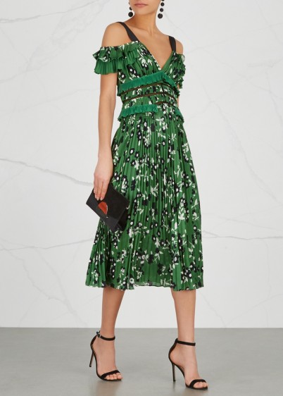 SELF-PORTRAIT Floral-print open-shoulder dress ~ green occasion dresses