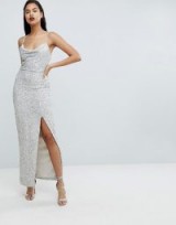 Forever New Allover Sequin Maxi Gown | long silver strappy party dresses