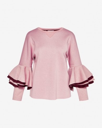 TED BAKER BERNAE Frill sleeve sweatshirt in Dusky Pink | ruffle sleeved tops - flipped
