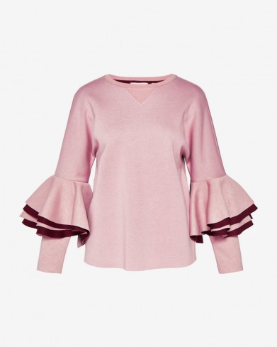TED BAKER BERNAE Frill sleeve sweatshirt in Dusky Pink | ruffle sleeved tops