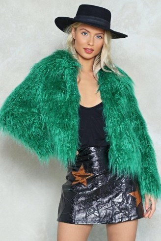 Nasty Gal Fur All the World Faux Fur Coat – shaggy green coats - flipped