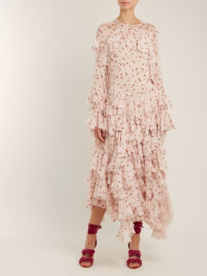 PREEN BY THORNTON BREGAZZI Genevieve asymmetric-ruffle silk-chiffon dress ~ pale pink ruffled dresses