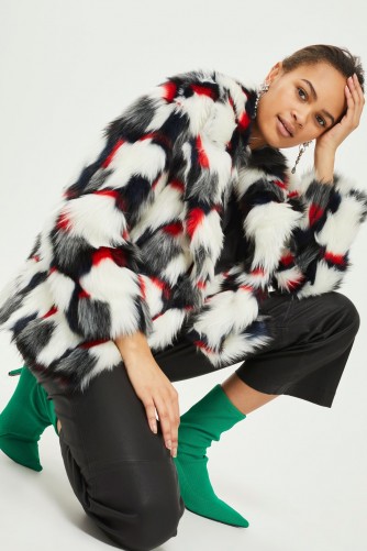 TOPSHOP Geometric Pattern Faux Fur Coat / glamorous coats