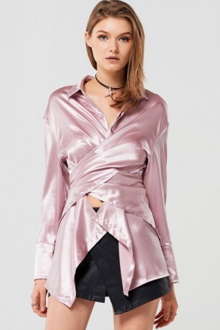 STORETS Gloria Wrap Satin Shirt | shiny pink shirts - flipped