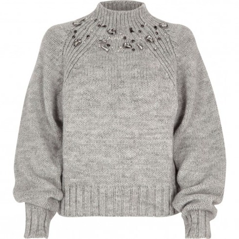 River Island Grey chunky knit jewel trim high neck jumper | embellished jumpers - flipped