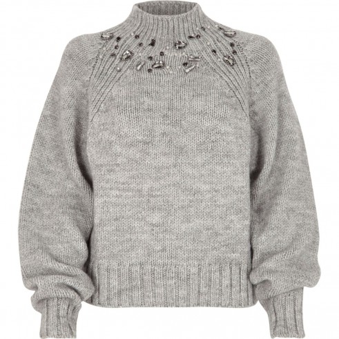 River Island Grey chunky knit jewel trim high neck jumper | embellished jumpers