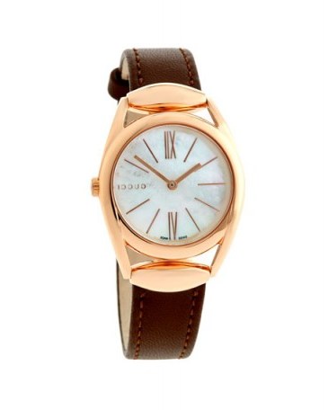 Gucci Horsebit Medium Golden Stainless Steel Watch w/ Brown Leather Strap / stylish watches - flipped