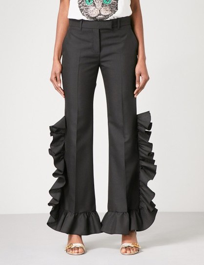 GUCCI Ruffled wide high-rise woven and mohair-blend trousers ~ black ruffle pants - flipped