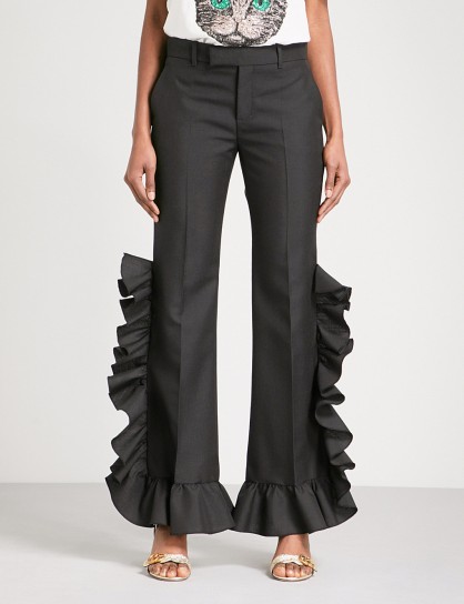 GUCCI Ruffled wide high-rise woven and mohair-blend trousers ~ black ruffle pants