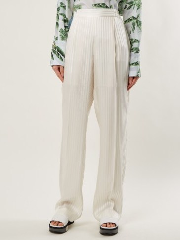 STELLA MCCARTNEY High-rise striped-jacquard silk-satin trousers – luxe pants – neutrals - flipped