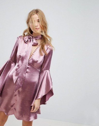 Honey Punch Long Sleeve Tea Dress With Button Front And Neck Tie In Premium Satin in plum | light purple plunge front fluted sleeve dresses - flipped
