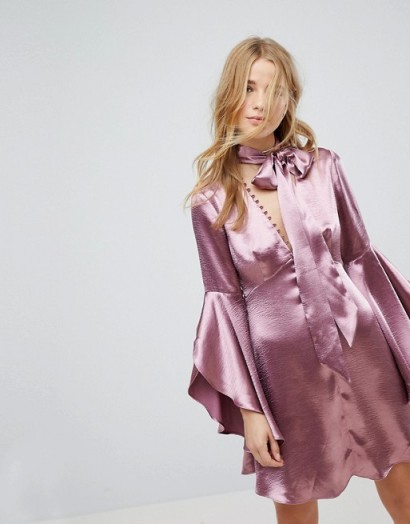 Honey Punch Long Sleeve Tea Dress With Button Front And Neck Tie In Premium Satin in plum | light purple plunge front fluted sleeve dresses