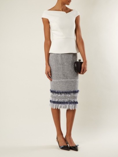 ROLAND MOURET Honeywell raffia-fringe trimmed pencil skirt ~ straight fringed skirts - flipped