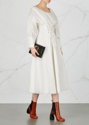 REJINA PYO Irene corset linen blend midi dress ~ white structured dresses - flipped