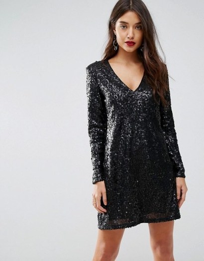 Ivyrevel V Neck Sequin Shift Mini Dress – shimmering black long sleeve party dresses - flipped