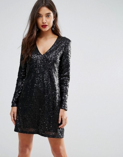Ivyrevel V Neck Sequin Shift Mini Dress – shimmering black long sleeve ...
