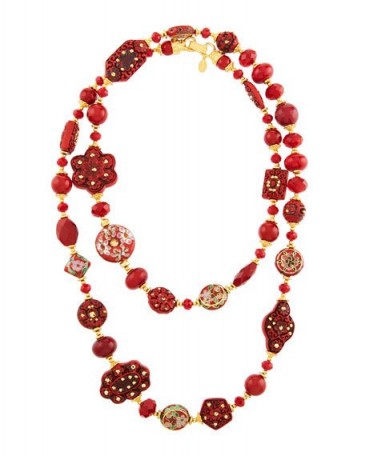 Jose & Maria Barrera Mixed Cliosonné Disc Drop Earrings / long red beaded necklaces / statement jewellery