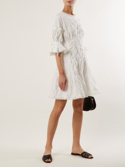 JONATHAN SIMKHAI Lace-trimmed smocked gingham-jacquard dress ~ white gathered dresses - flipped